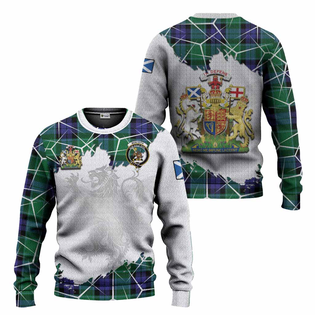 Monteith Tartan Knitted Sweater with Family Crest and Lion Rampant Grunge Style