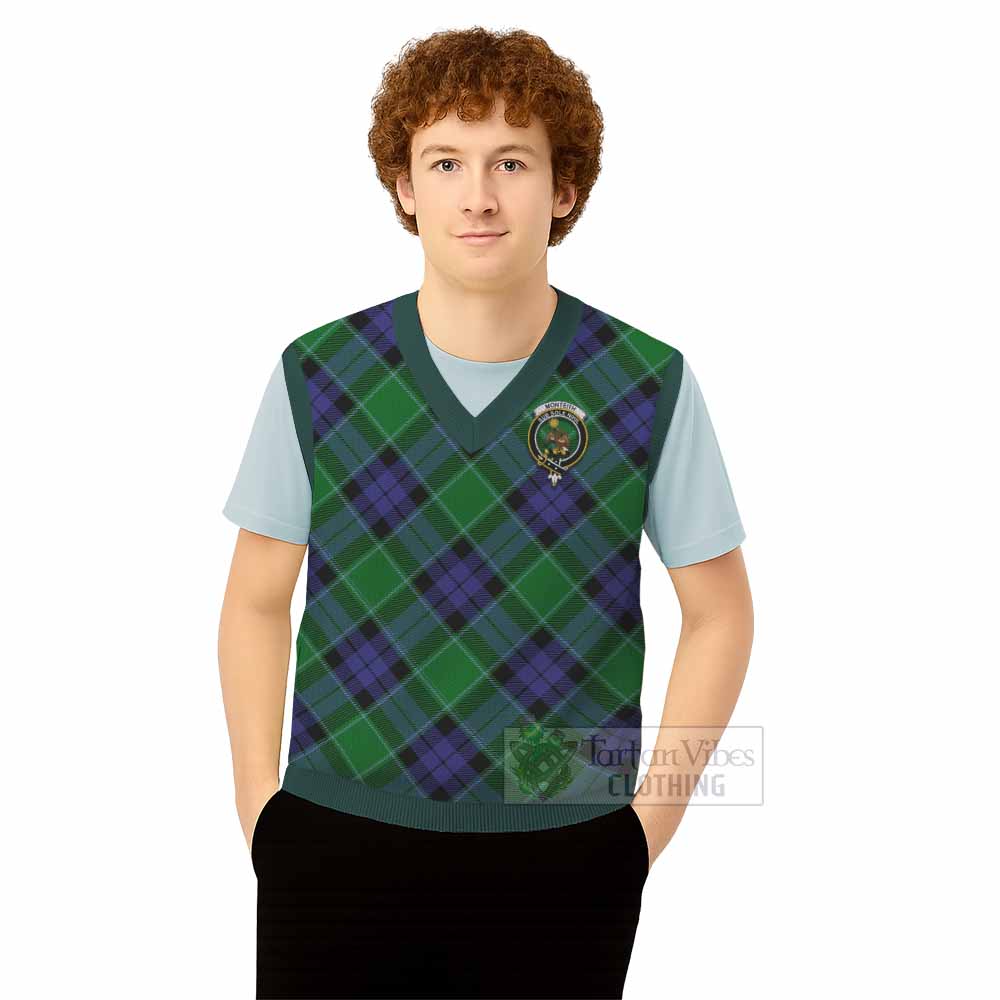 Monteith Tartan Knitted V-Neck Vest with Family Crest Cross Style