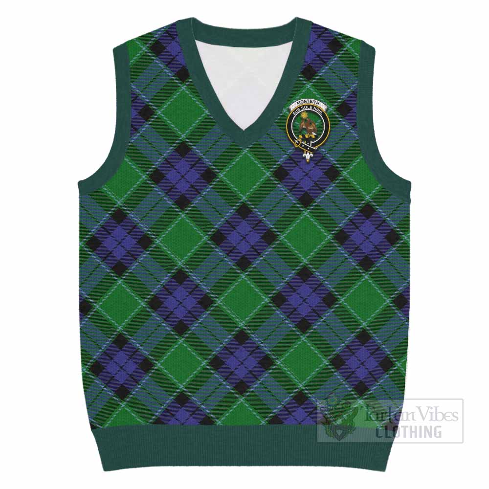 Monteith Tartan Knitted V-Neck Vest with Family Crest Cross Style