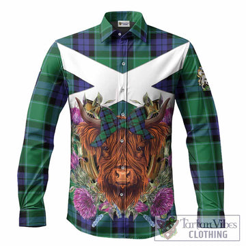 Monteith Tartan Long Sleeve Button Shirts Scottish Thistle Heilan Coo