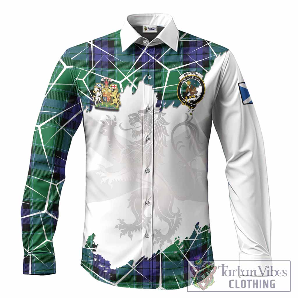 Monteith Tartan Long Sleeve Button Shirts with Family Crest and Lion Rampant Grunge Style