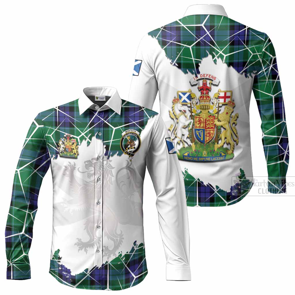 Monteith Tartan Long Sleeve Button Shirts with Family Crest and Lion Rampant Grunge Style