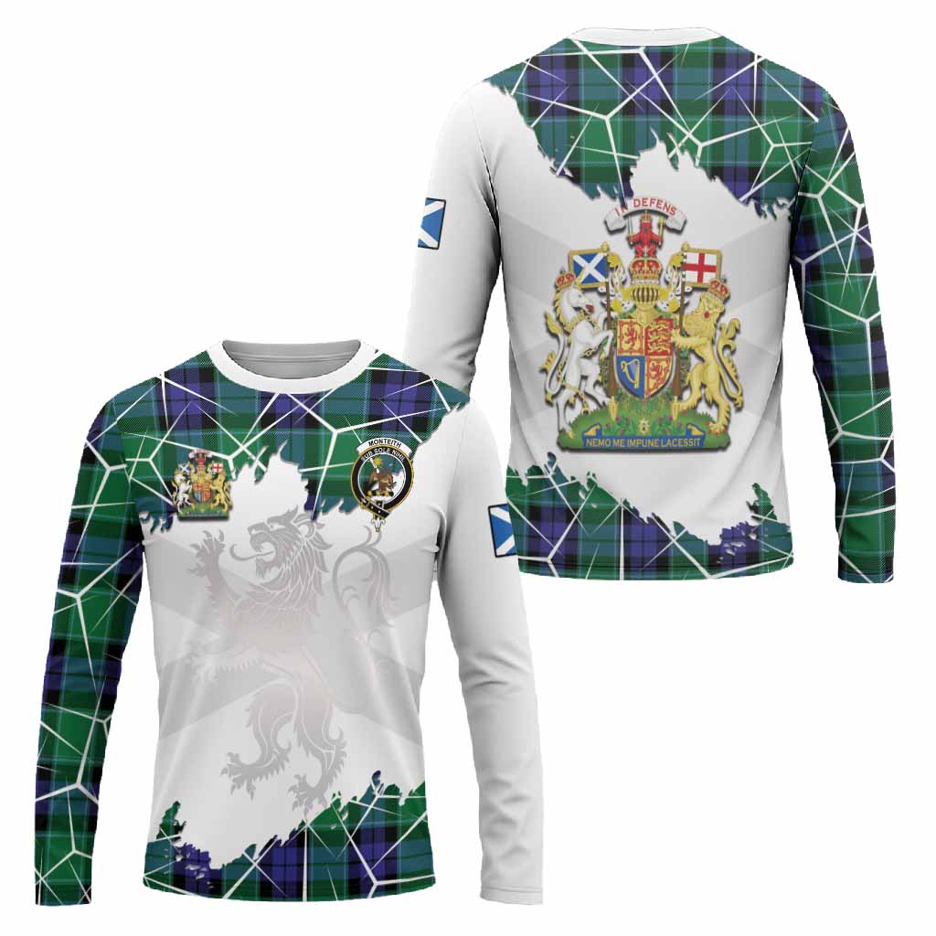 Monteith Tartan Long Sleeve T-Shirt with Family Crest and Lion Rampant Grunge Style