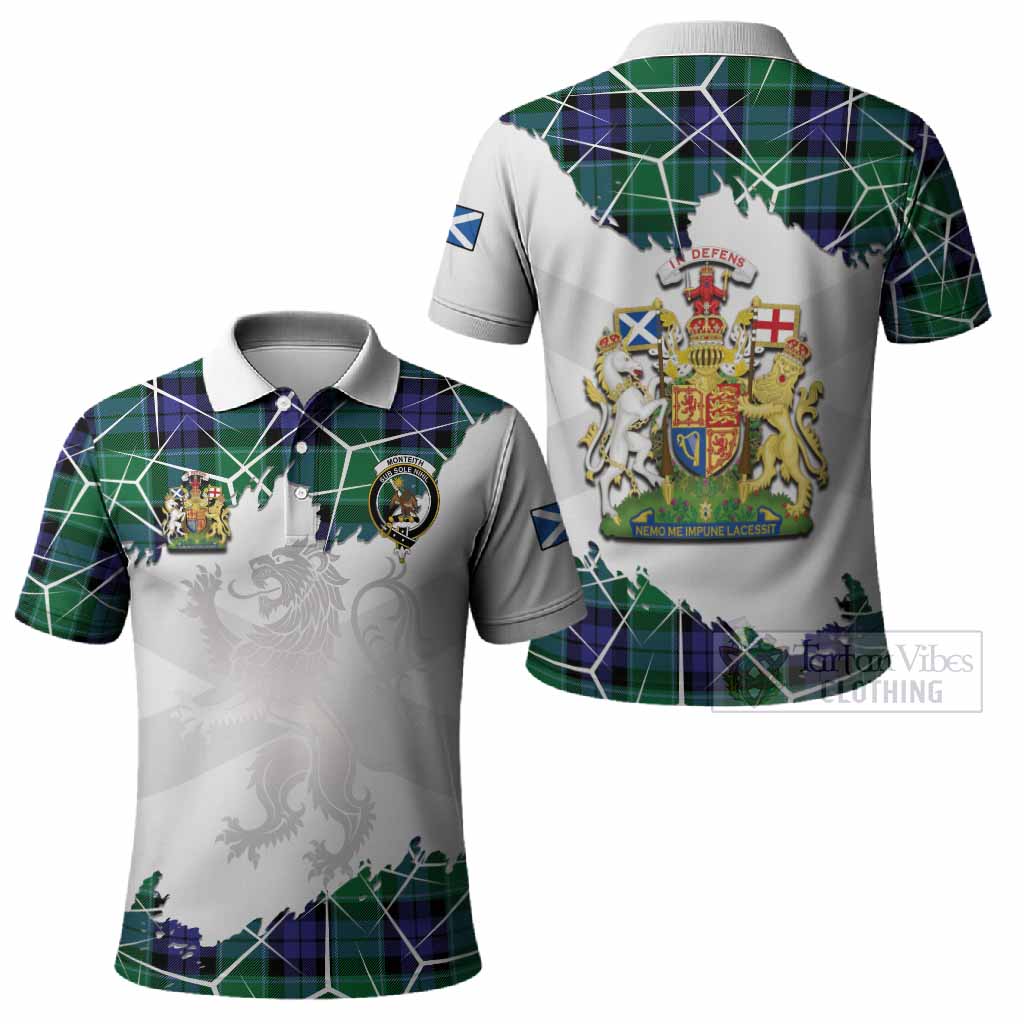 Monteith Tartan Polo Shirt with Family Crest and Lion Rampant Grunge Style