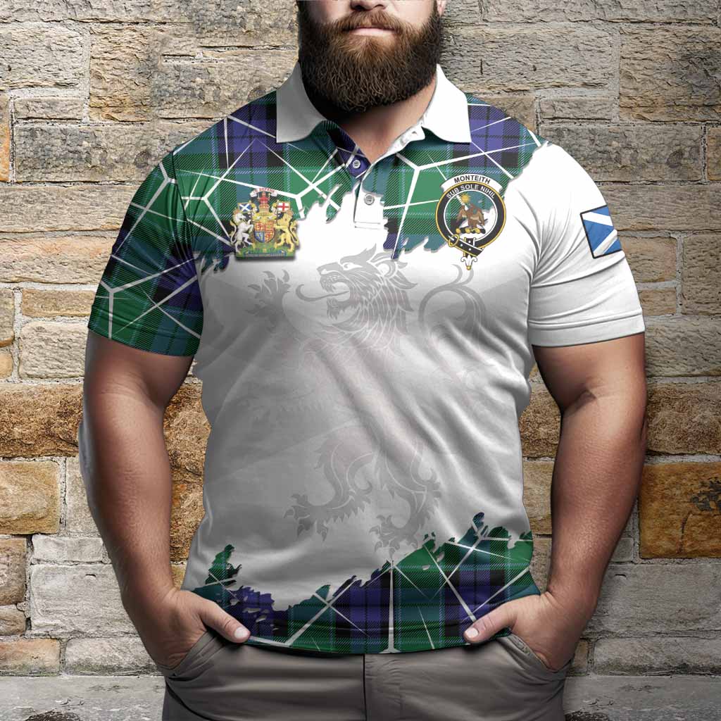 Monteith Tartan Polo Shirt with Family Crest and Lion Rampant Grunge Style