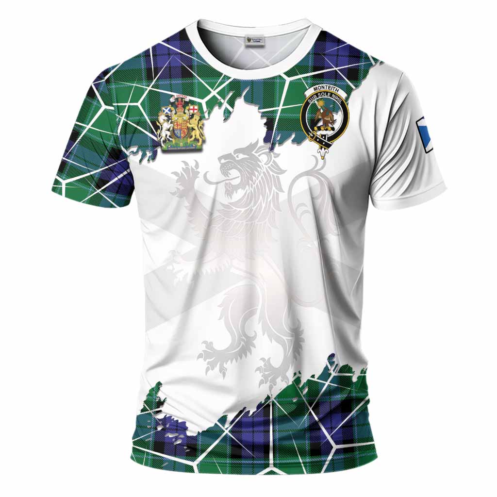 Monteith Tartan T-Shirt with Family Crest and Lion Rampant Grunge Style