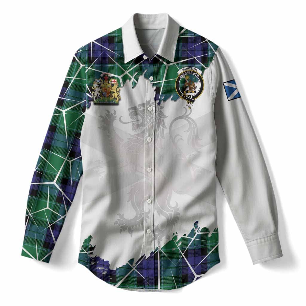 Monteith Tartan Women Casual Shirt with Family Crest and Lion Rampant Grunge Style