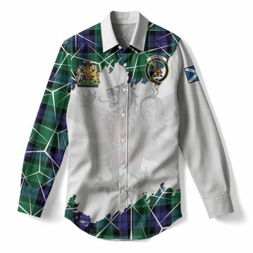Monteith Tartan Women Casual Shirt with Family Crest and Lion Rampant Grunge Style