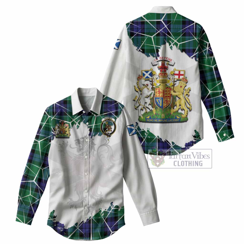 Monteith Tartan Women Casual Shirt with Family Crest and Lion Rampant Grunge Style