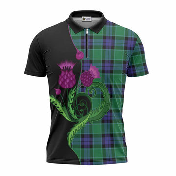 Monteith Tartan Zipper Polo Shirt Traditional Scottish Thistle