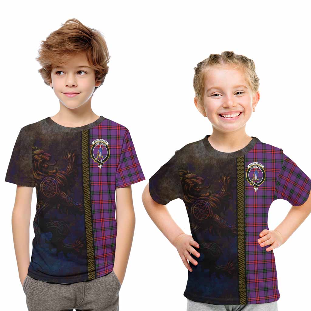 Tartan Vibes Clothing Montgomery Tartan Family Crest Kid T-Shirt Alba Gu Brath Be Brave Lion Ancient Style