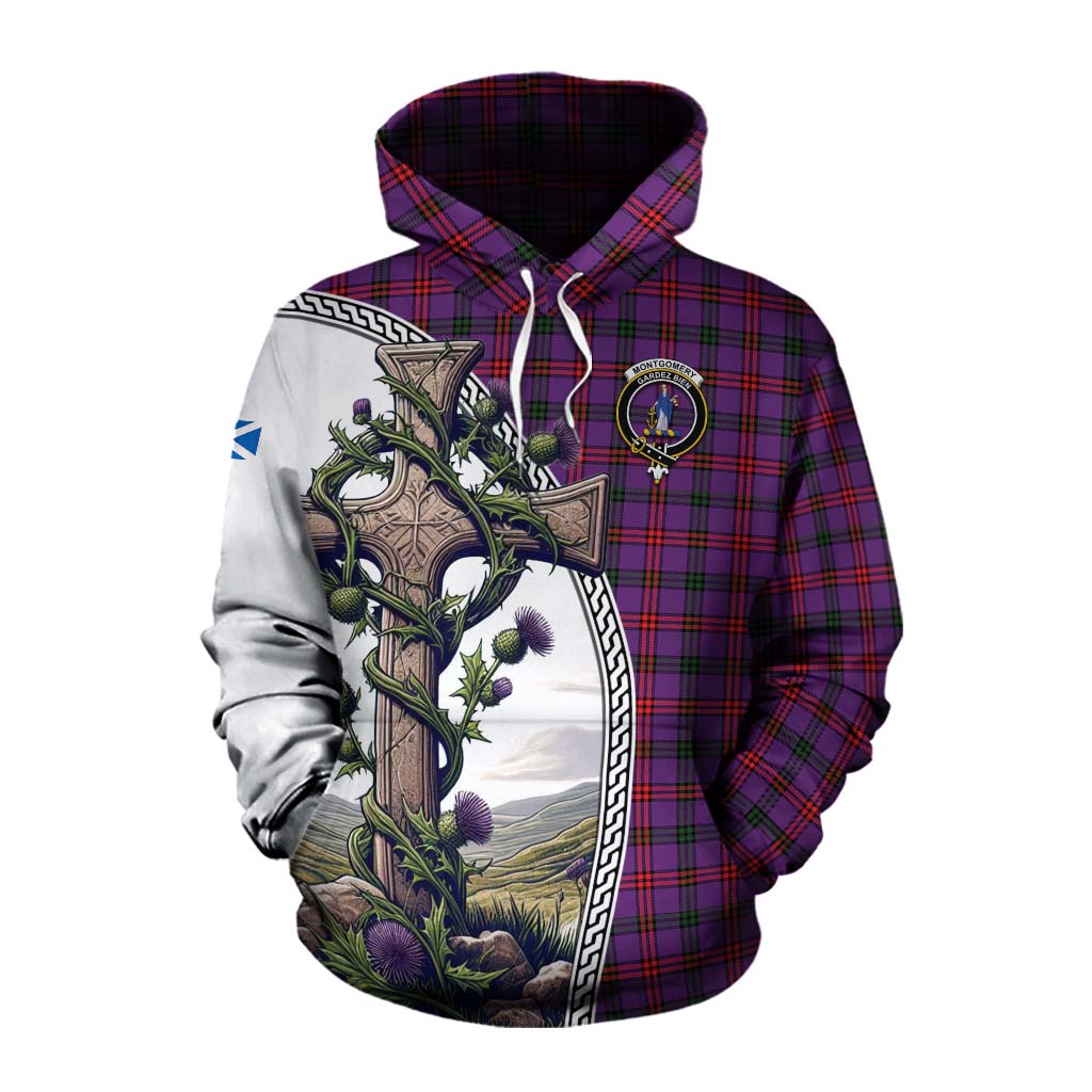 Tartan Vibes Clothing Montgomery Tartan Cotton Hoodie with Family Crest and St. Andrew's Cross Accented by Thistle Vines