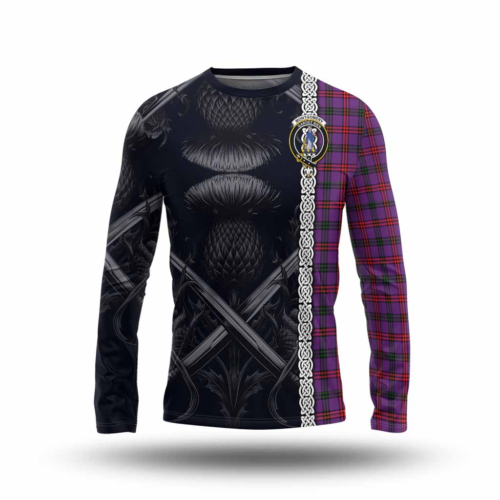 Tartan Vibes Clothing Montgomery Tartan Long Sleeve T-Shirt with Family Crest Cross Sword Thistle Celtic Vibes