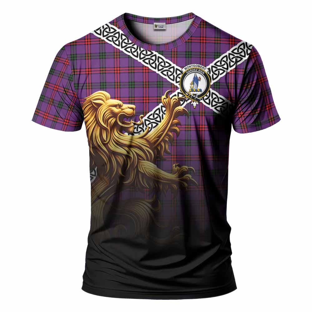 Tartan Vibes Clothing Montgomery Crest Tartan T-Shirt with Golden Lion Emblem Celtic Style