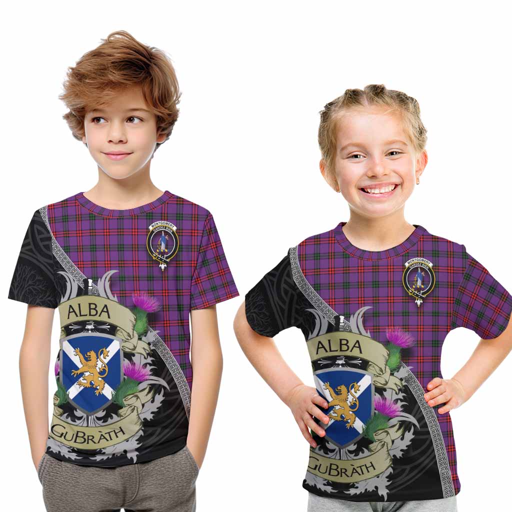 Tartan Vibes Clothing Montgomery Tartan Family Crest Kid T-Shirt Lion Rampant Royal Thistle Shield Celtic Inspired