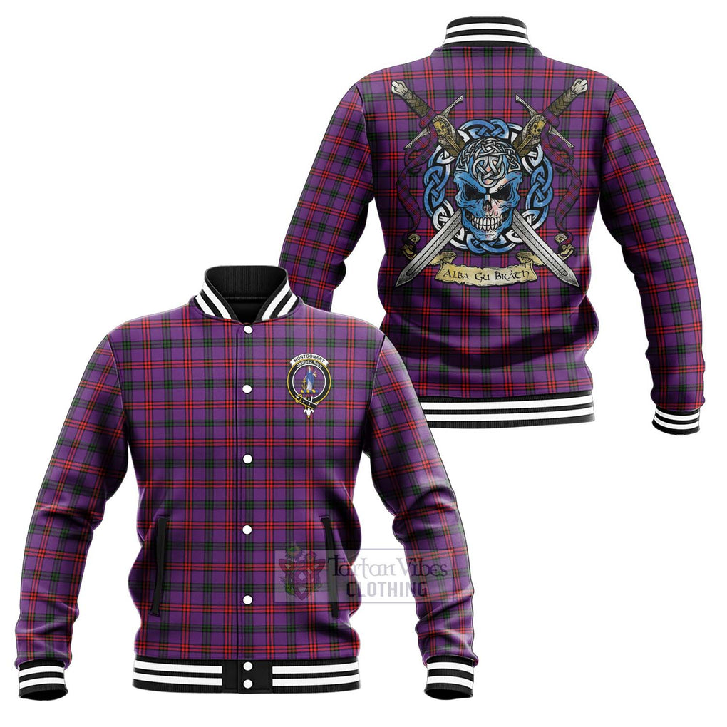 Tartan Vibes Clothing Montgomery Tartan Baseball Jacket with Family Crest Celtic Skull Style