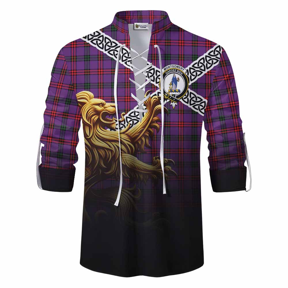Tartan Vibes Clothing Montgomery Crest Tartan Ghillie Kilt Shirt with Golden Lion Emblem Celtic Style