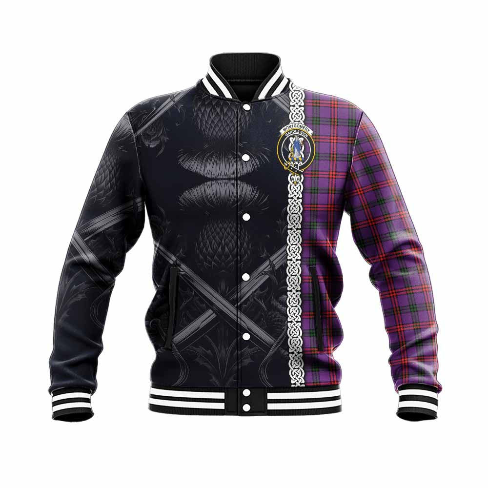 Tartan Vibes Clothing Montgomery Tartan Baseball Jacket with Family Crest Cross Sword Thistle Celtic Vibes