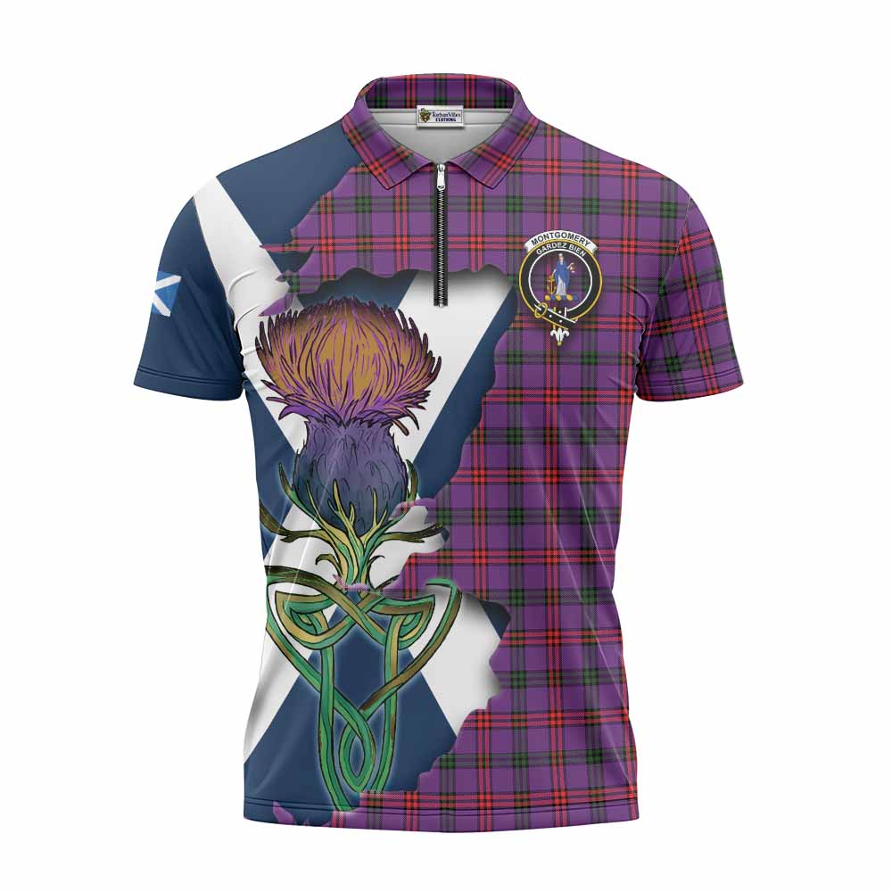 Tartan Vibes Clothing Montgomery Tartan Family Crest Zipper Polo Shirt Scottish Thistle Celtic Inspired