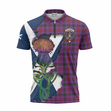 Montgomery Tartan Family Crest Zipper Polo Shirt Scottish Thistle Celtic Inspired