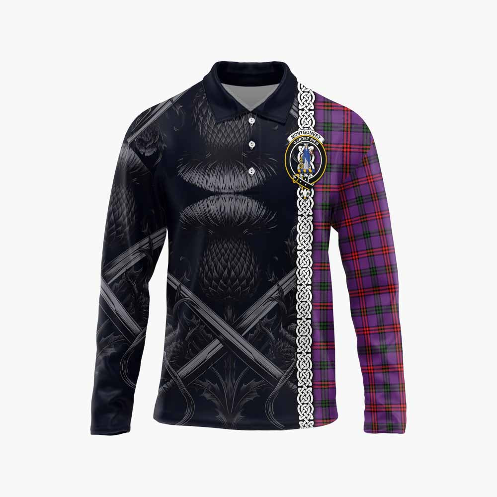 Tartan Vibes Clothing Montgomery Tartan Long Sleeve Polo Shirt with Family Crest Cross Sword Thistle Celtic Vibes