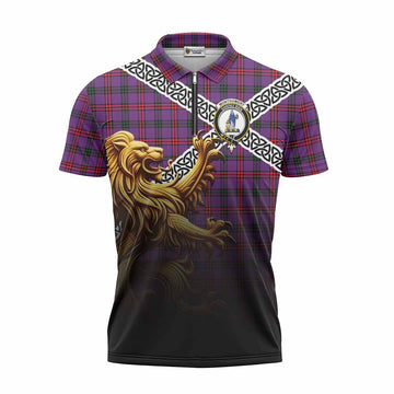 Montgomery Crest Tartan Zipper Polo Shirt with Golden Lion Emblem Celtic Style