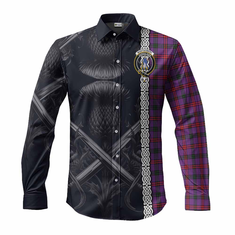 Tartan Vibes Clothing Montgomery Tartan Long Sleeve Button Shirt with Family Crest Cross Sword Thistle Celtic Vibes