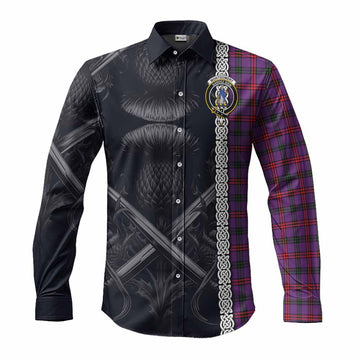 Tartan Vibes Clothing Montgomery Tartan Long Sleeve Button Shirt with Family Crest Cross Sword Thistle Celtic Vibes