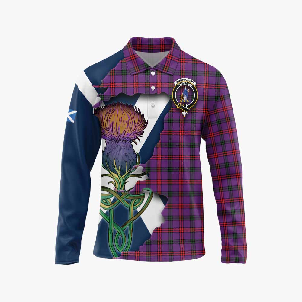 Tartan Vibes Clothing Montgomery Tartan Family Crest Long Sleeve Polo Shirt Scottish Thistle Celtic Inspired