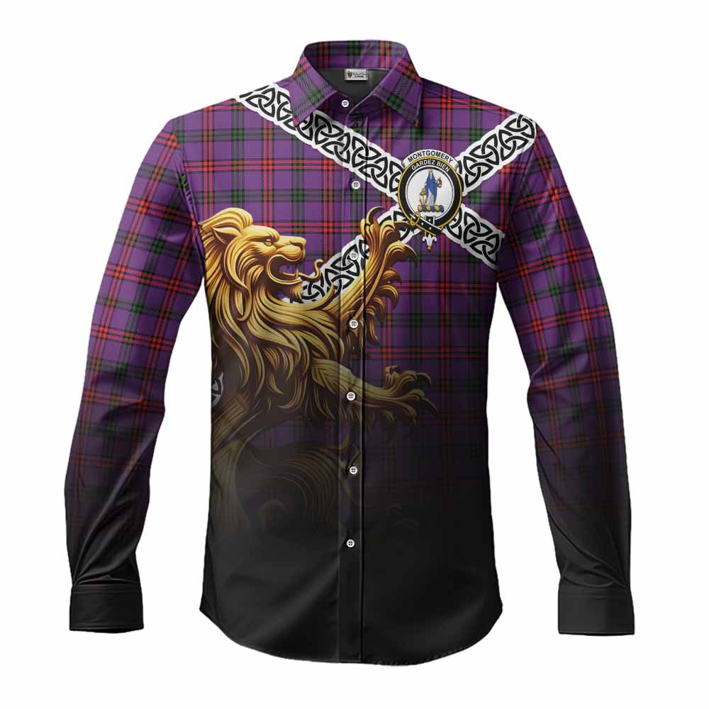 Tartan Vibes Clothing Montgomery Crest Tartan Long Sleeve Button Shirt with Golden Lion Emblem Celtic Style