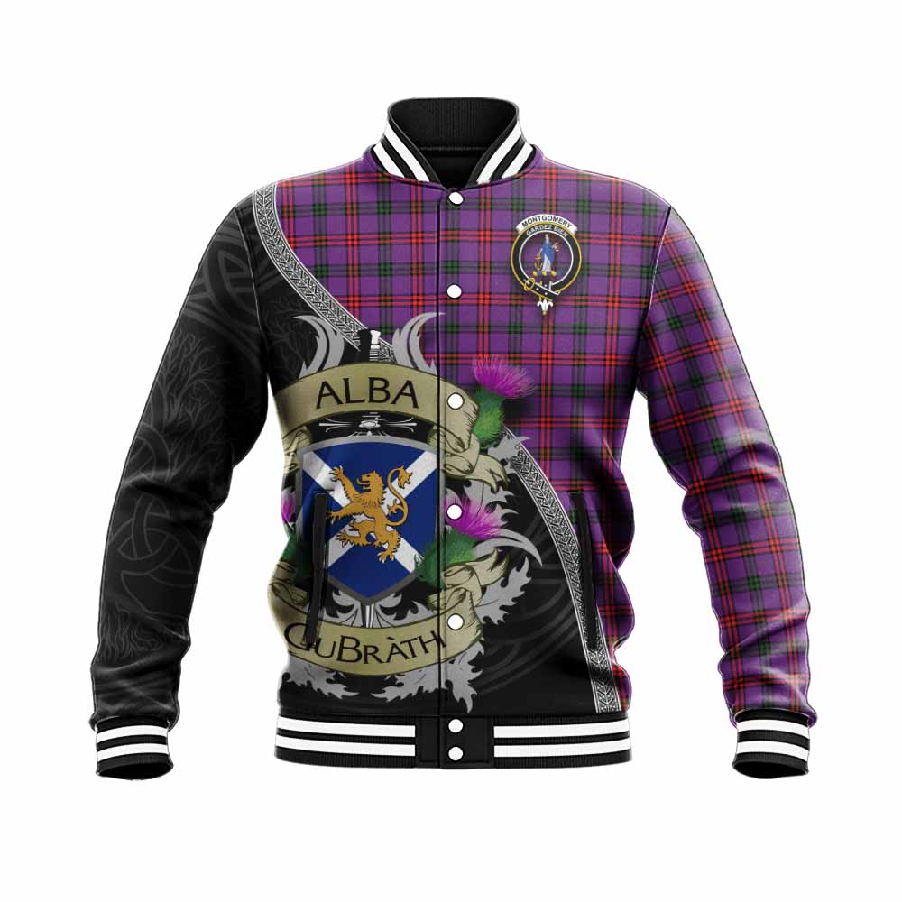 Tartan Vibes Clothing Montgomery Tartan Family Crest Baseball Jacket Lion Rampant Royal Thistle Shield Celtic Inspired
