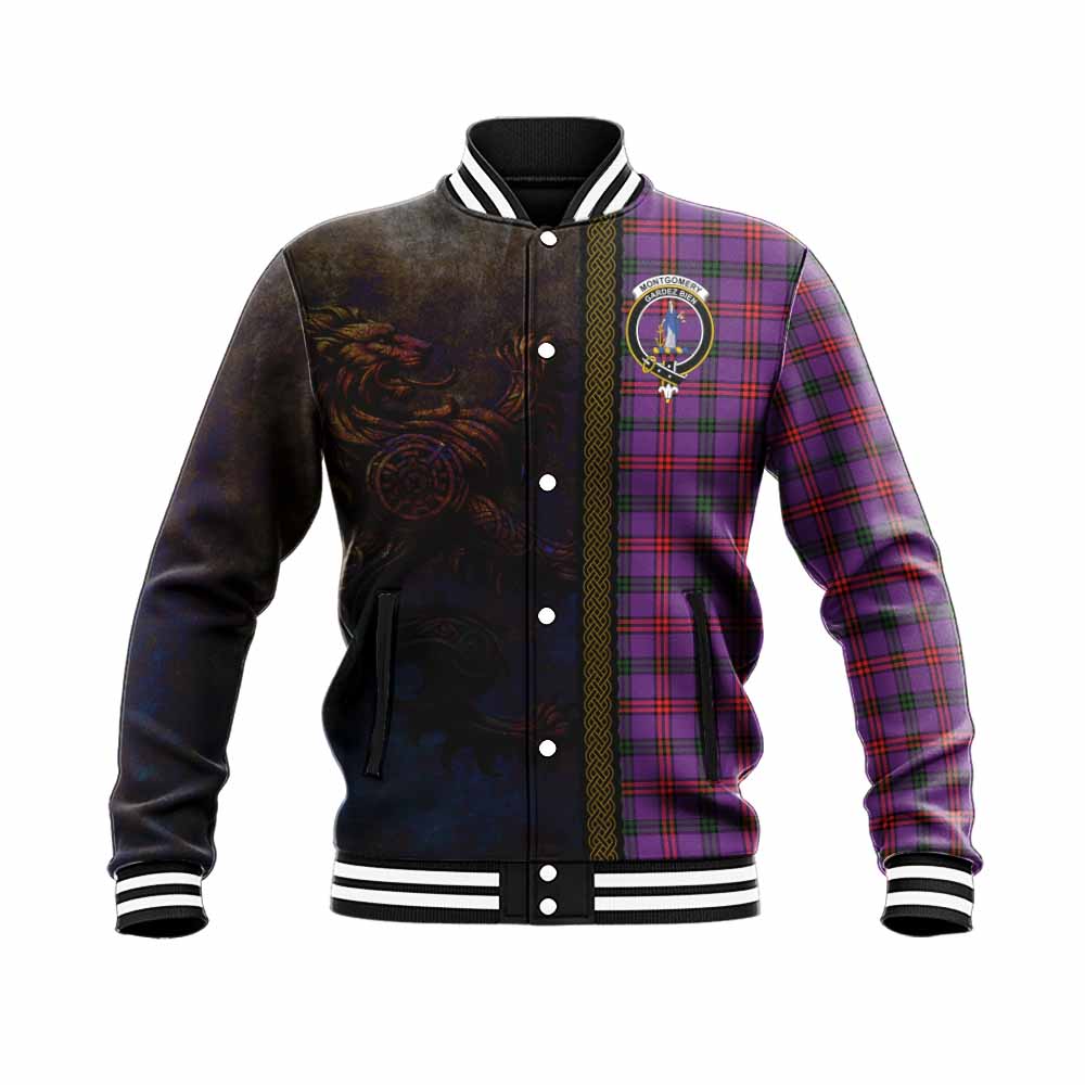 Tartan Vibes Clothing Montgomery Tartan Family Crest Baseball Jacket Alba Gu Brath Be Brave Lion Ancient Style
