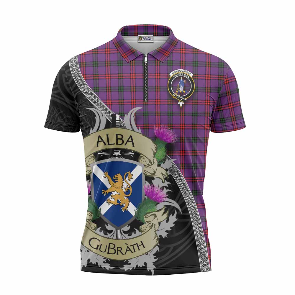Tartan Vibes Clothing Montgomery Tartan Family Crest Zipper Polo Shirt Lion Rampant Royal Thistle Shield Celtic Inspired
