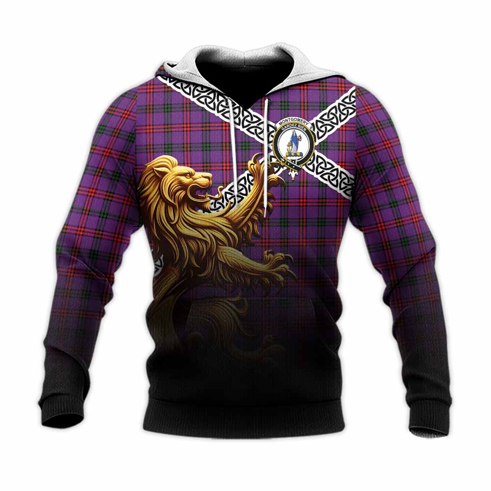 Tartan Vibes Clothing Montgomery Crest Tartan Knitted Hoodie with Golden Lion Emblem Celtic Style