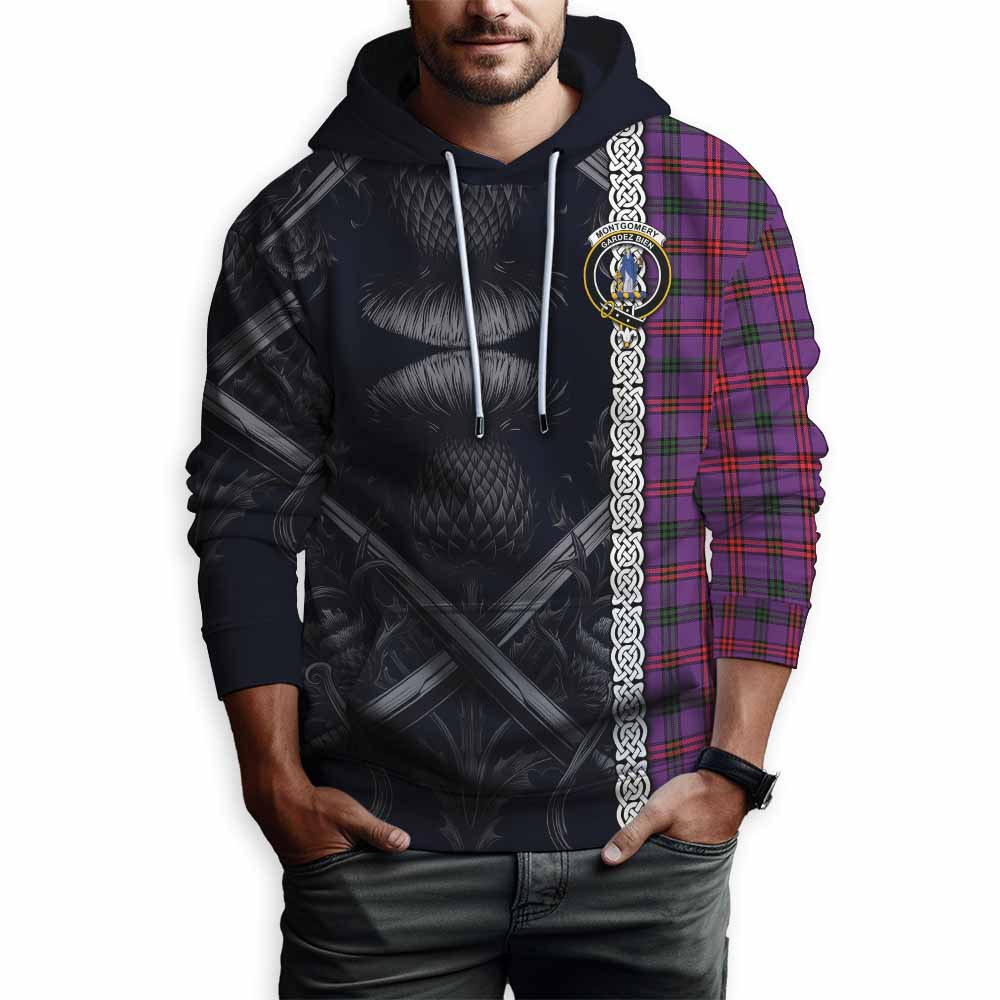 Tartan Vibes Clothing Montgomery Tartan Hoodie with Family Crest Cross Sword Thistle Celtic Vibes