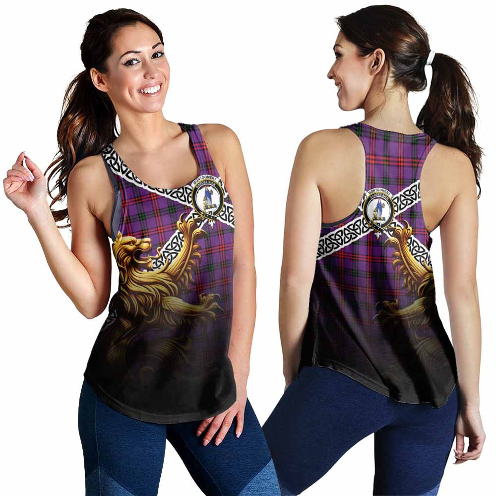 Tartan Vibes Clothing Montgomery Crest Tartan Women's Racerback Tanks with Golden Lion Emblem Celtic Style
