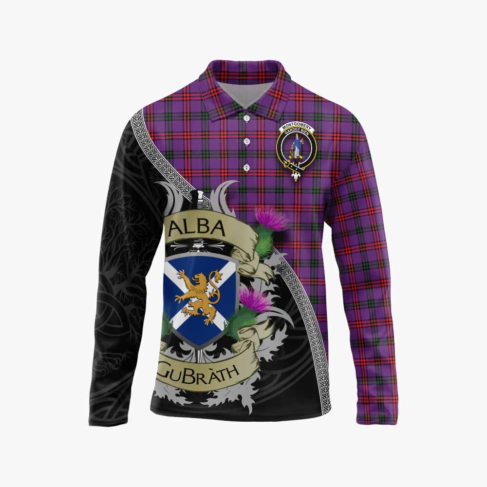 Tartan Vibes Clothing Montgomery Tartan Family Crest Long Sleeve Polo Shirt Lion Rampant Royal Thistle Shield Celtic Inspired