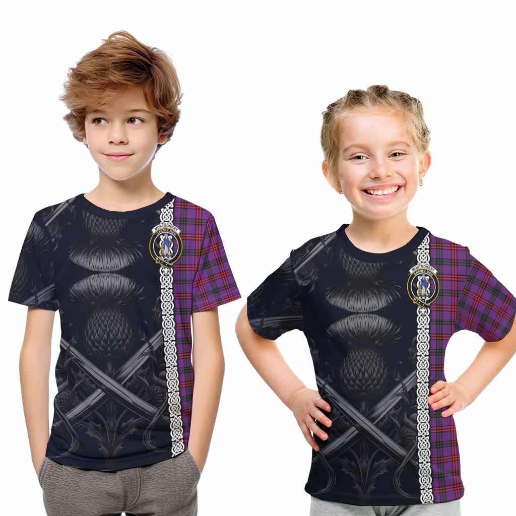Tartan Vibes Clothing Montgomery Tartan Kid T-Shirt with Family Crest Cross Sword Thistle Celtic Vibes