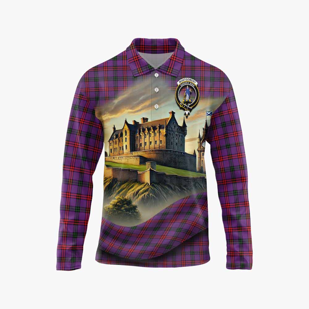 Tartan Vibes Clothing Montgomery Tartan Family Crest Long Sleeve Polo Shirt with Scottish Ancient Castle Style