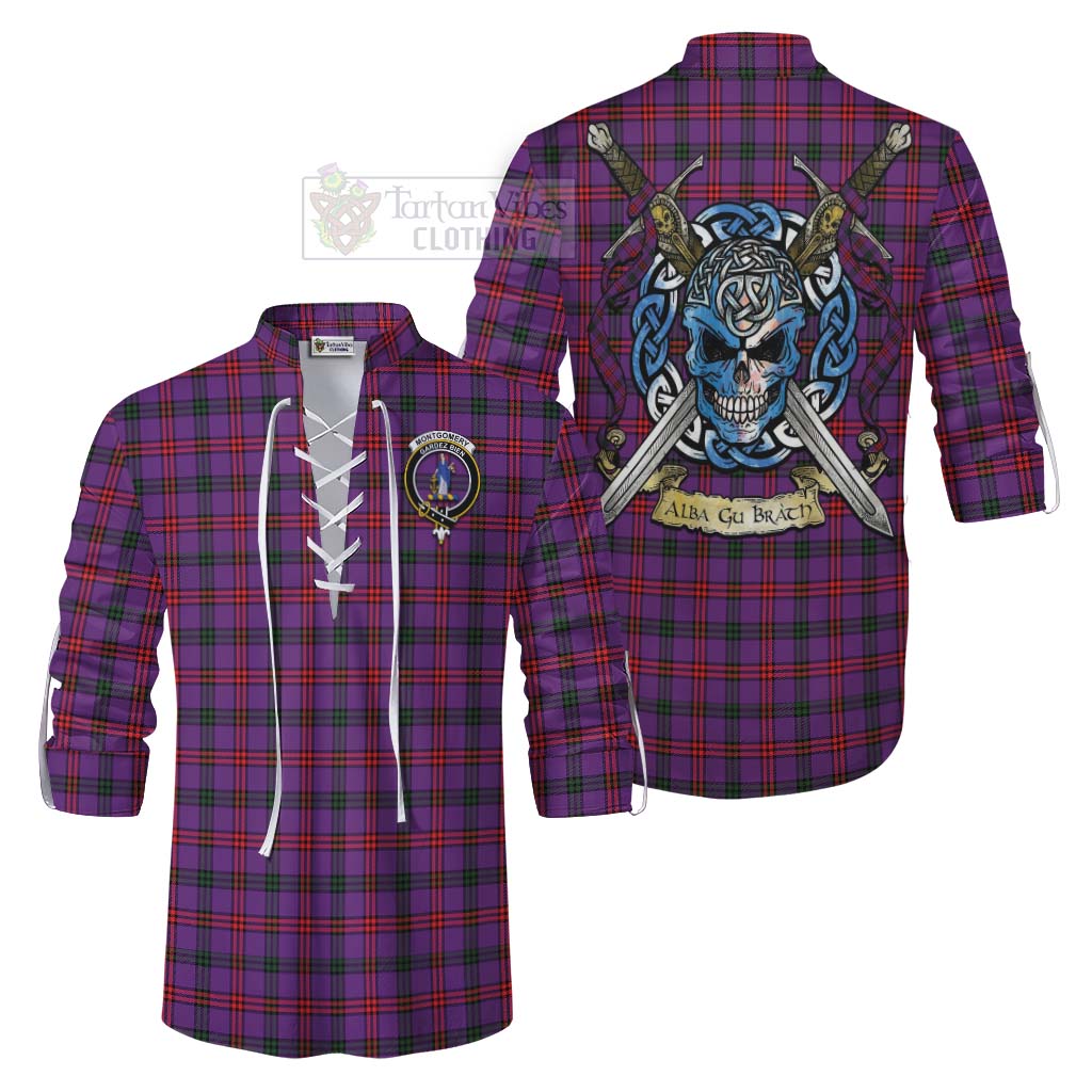 Tartan Vibes Clothing Montgomery Tartan Ghillie Kilt Shirt with Family Crest Celtic Skull Style