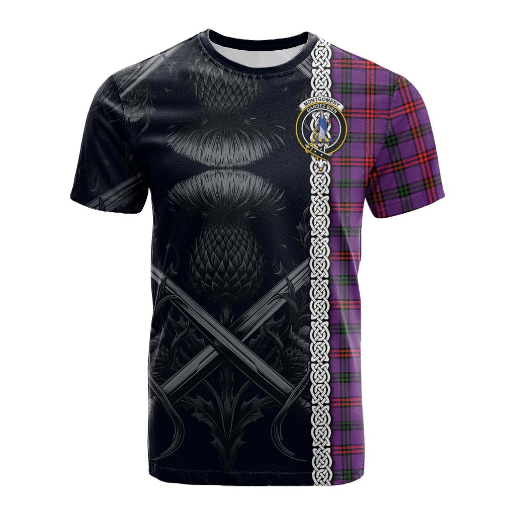 Tartan Vibes Clothing Montgomery Tartan Cotton T-shirt with Family Crest Cross Sword Thistle Celtic Vibes