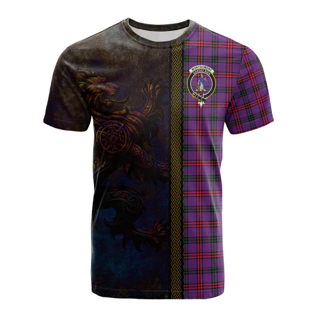Tartan Vibes Clothing Montgomery Tartan Family Crest Cotton T-shirt Alba Gu Brath Be Brave Lion Ancient Style
