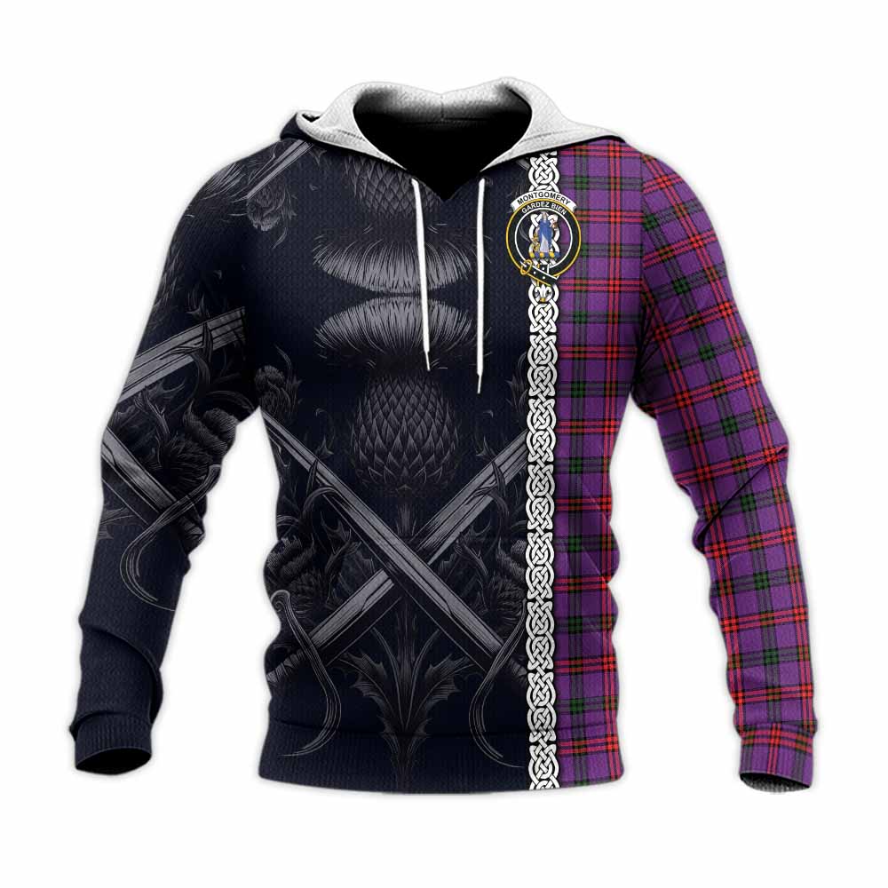 Tartan Vibes Clothing Montgomery Tartan Knitted Hoodie with Family Crest Cross Sword Thistle Celtic Vibes