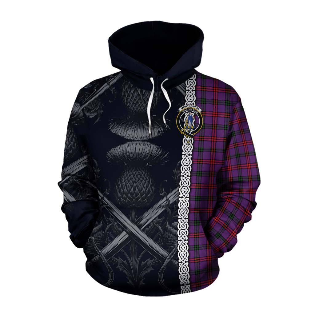 Tartan Vibes Clothing Montgomery Tartan Cotton Hoodie with Family Crest Cross Sword Thistle Celtic Vibes