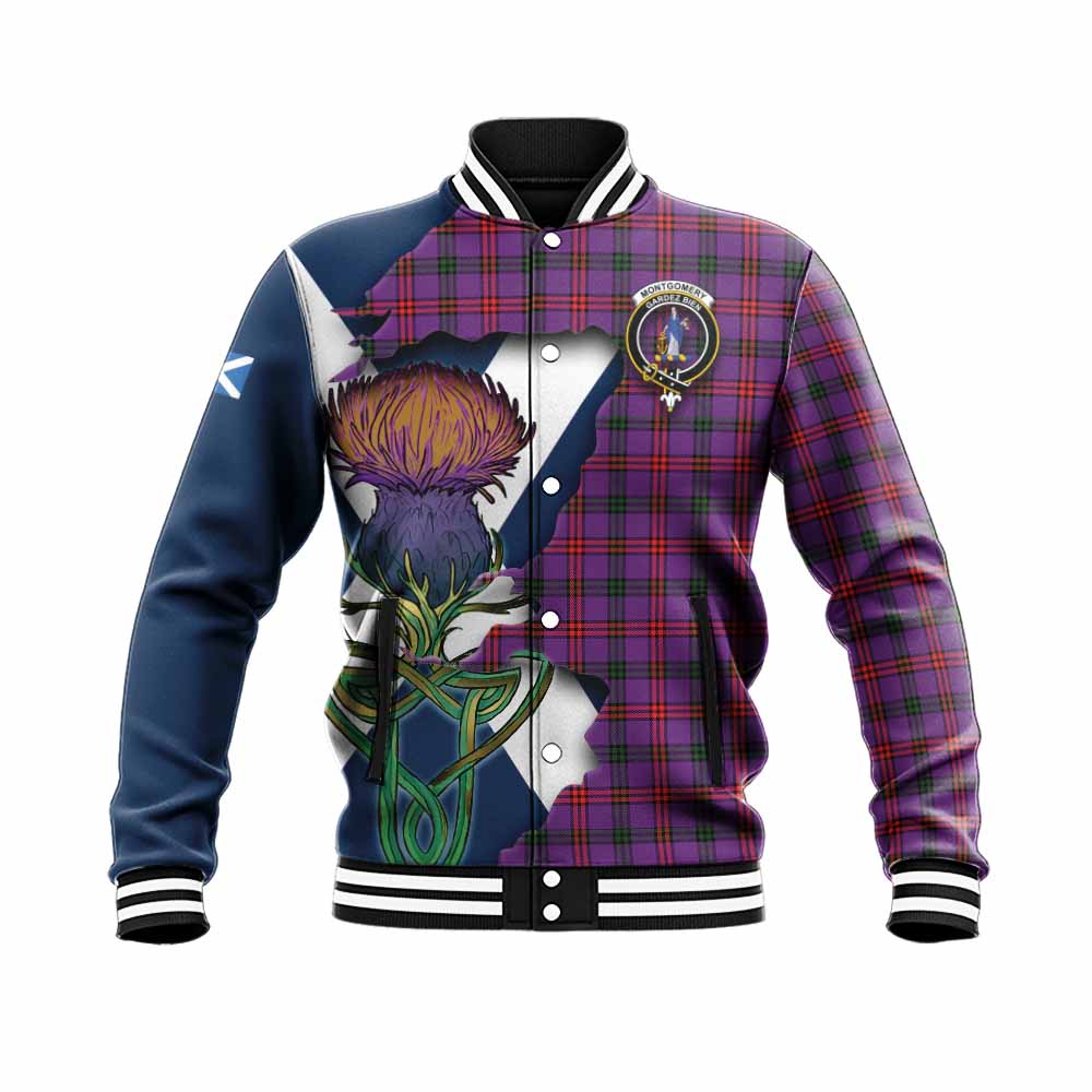 Tartan Vibes Clothing Montgomery Tartan Family Crest Baseball Jacket Scottish Thistle Celtic Inspired