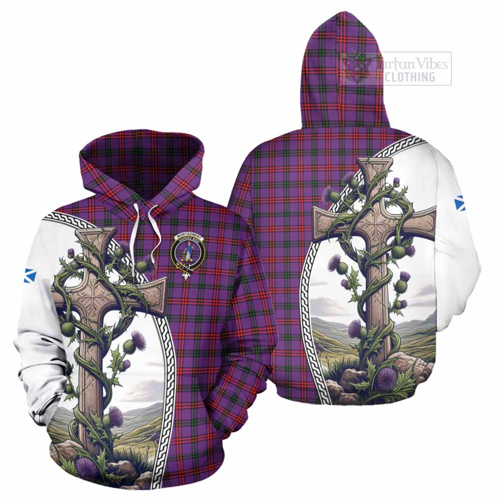Tartan Vibes Clothing Montgomery Tartan Hoodie with Family Crest and St. Andrew's Cross Accented by Thistle Vines