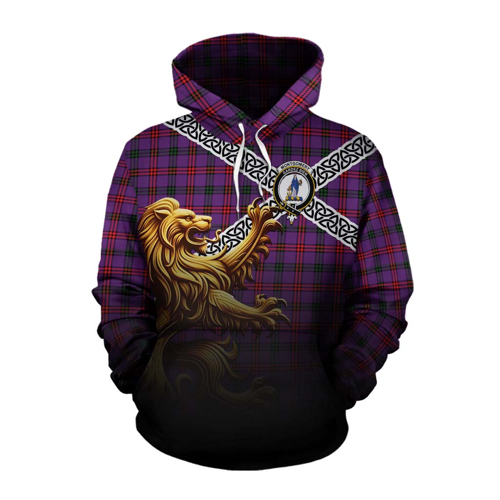 Tartan Vibes Clothing Montgomery Crest Tartan Cotton Hoodie with Golden Lion Emblem Celtic Style
