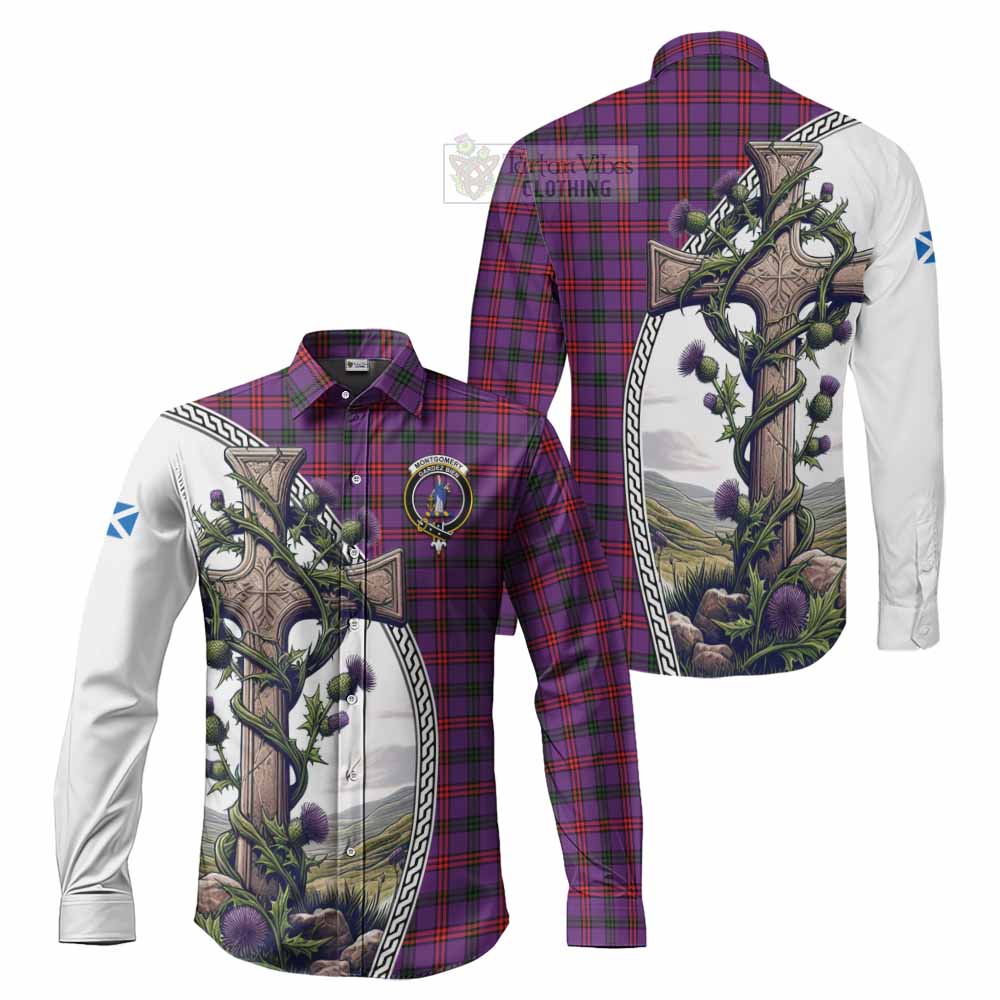 Tartan Vibes Clothing Montgomery Tartan Long Sleeve Button Shirt with Family Crest and St. Andrew's Cross Accented by Thistle Vines