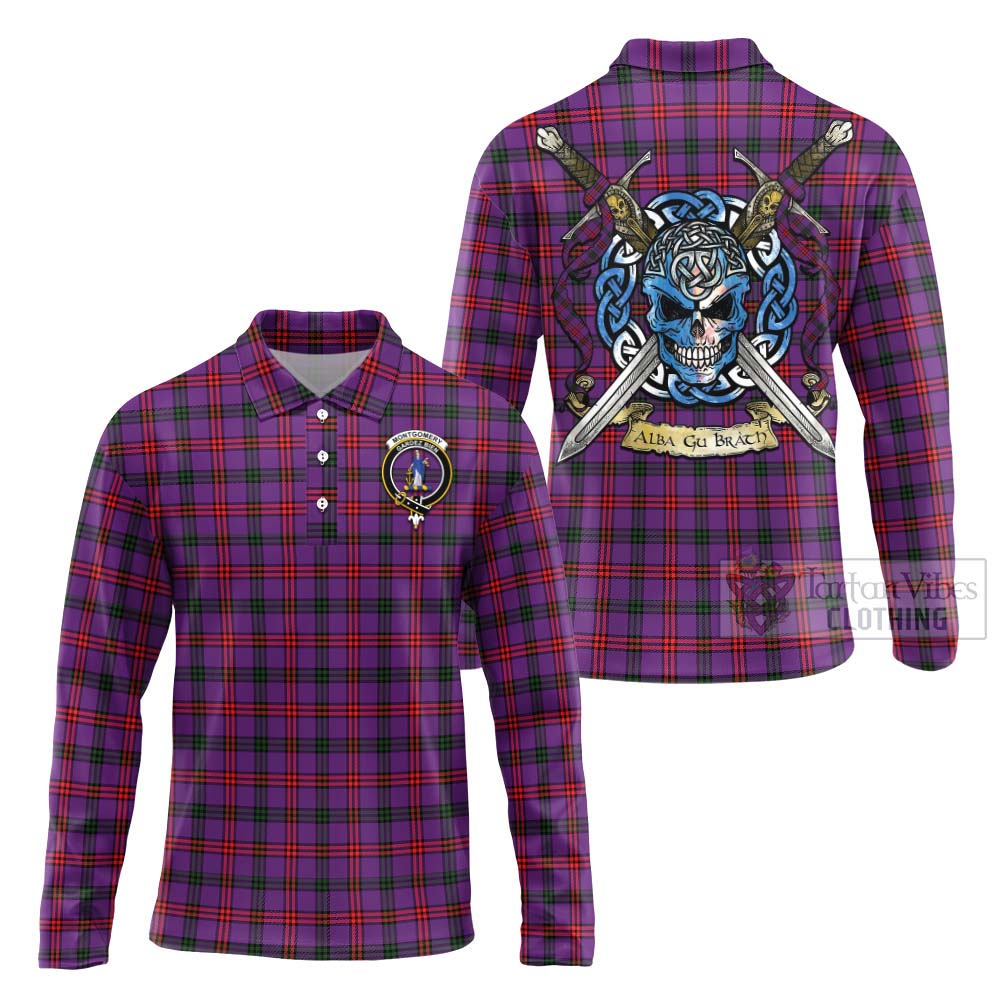 Tartan Vibes Clothing Montgomery Tartan Long Sleeve Polo Shirt with Family Crest Celtic Skull Style