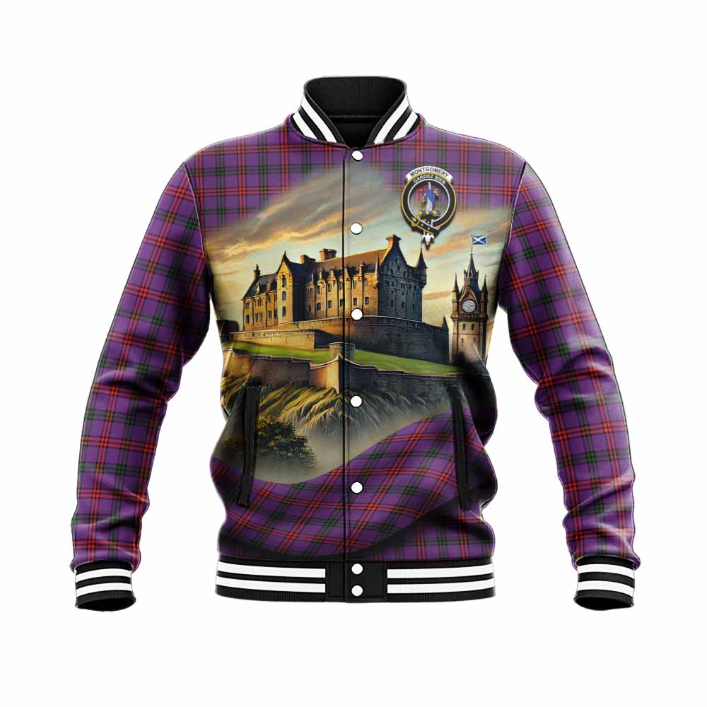 Tartan Vibes Clothing Montgomery Tartan Family Crest Baseball Jacket with Scottish Ancient Castle Style